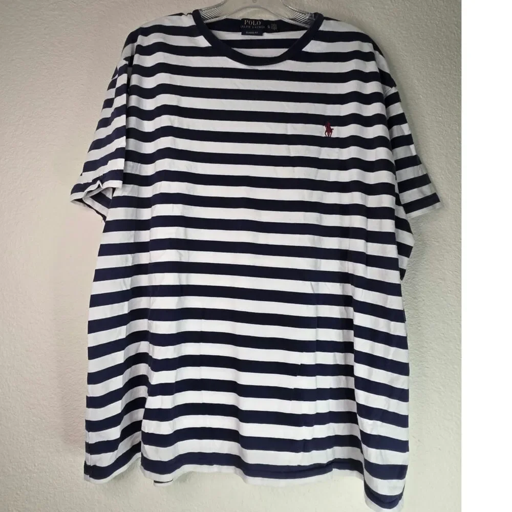 Polo Ralph Lauren Navy Stripe Jersey T-shirt Crewneck Slim Fit Embroidered Pony